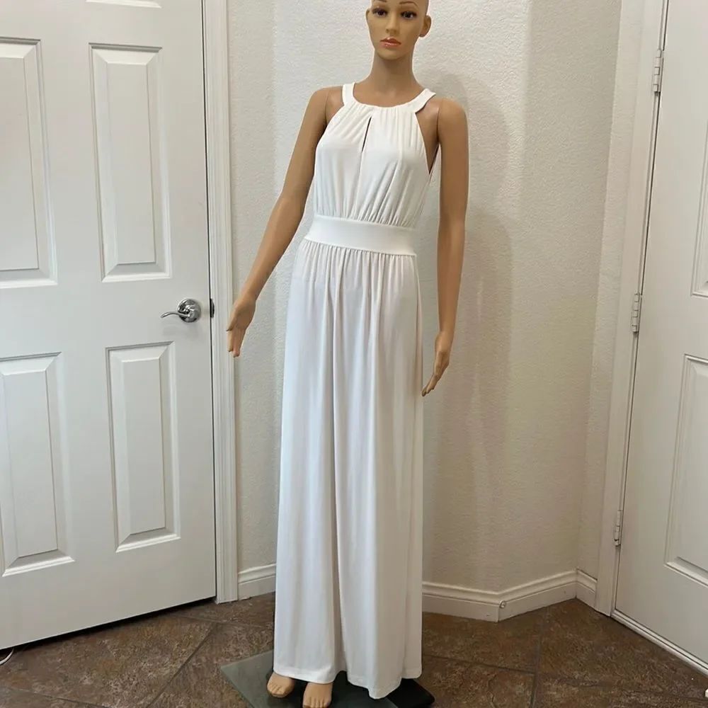Carmen Pearl Ivory Dress Pool Cover Up Medium Maxi Halter Keyhole Button Sheer
